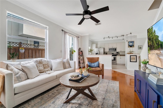 living room with ceiling fan, ornamental molding, rail lighting, and light hardwood / wood-style floors