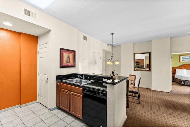 kitchen with decorative light fixtures, dishwasher, sink, a chandelier, and light tile patterned floors