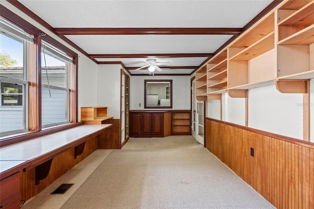 interior space with light carpet, beam ceiling, and wood walls