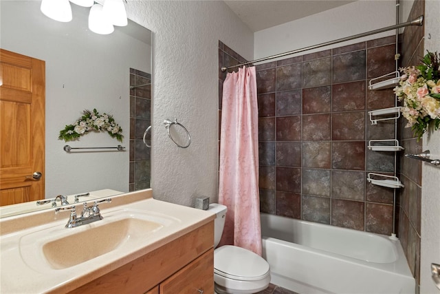 full bathroom featuring toilet, vanity, and shower / bathtub combination with curtain