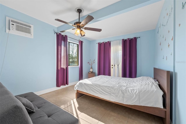 bedroom featuring light tile patterned floors, a wall mounted air conditioner, and ceiling fan