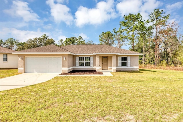 single story home with a garage and a front lawn