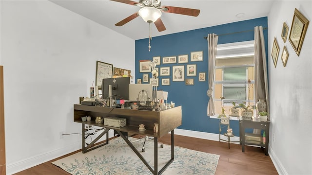 office area featuring hardwood / wood-style floors and ceiling fan