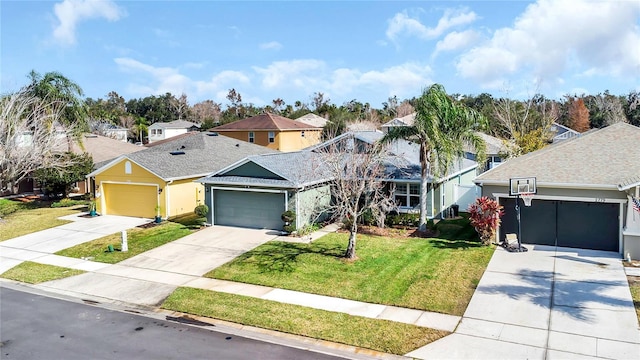 view of front of property with a garage and a front lawn