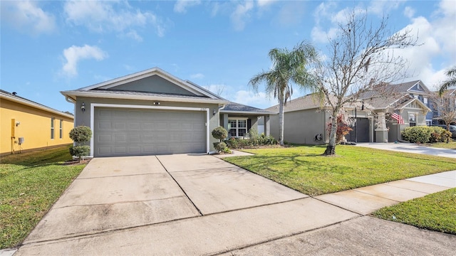 ranch-style home with a garage and a front lawn