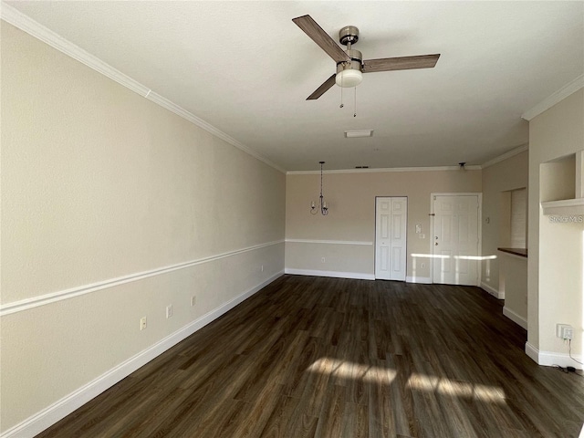 unfurnished living room featuring ornamental molding, dark hardwood / wood-style floors, and ceiling fan