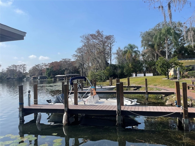 dock area featuring a water view and a lawn