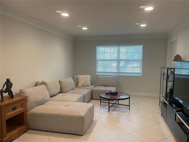 tiled living room with crown molding