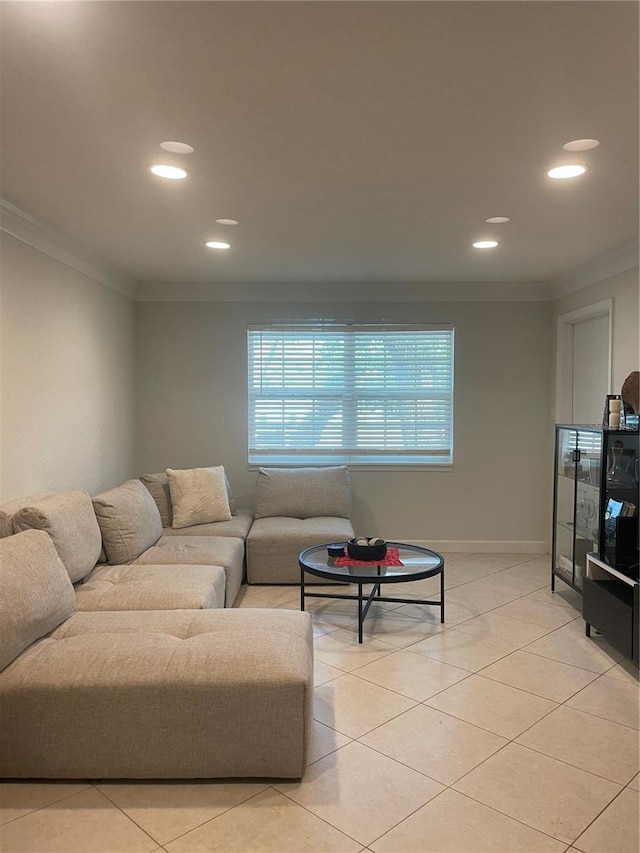 tiled living room with ornamental molding