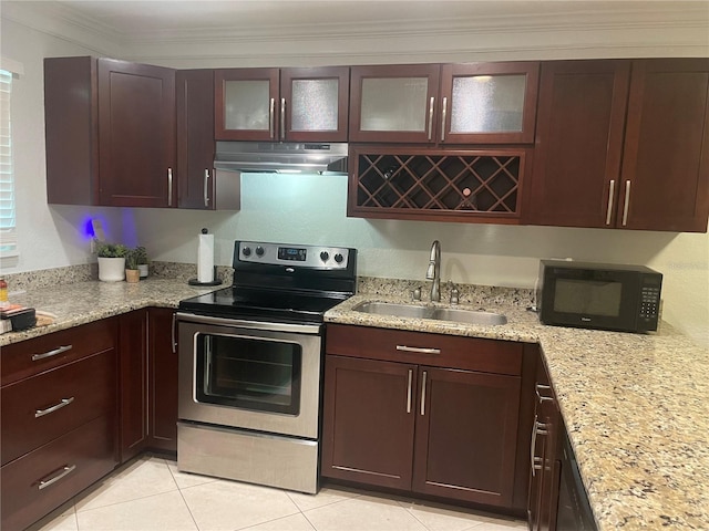 kitchen with stainless steel range with electric stovetop, sink, crown molding, and light stone counters