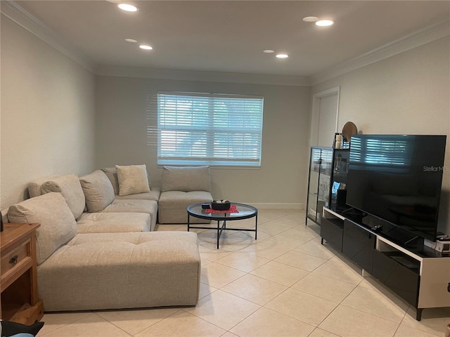 tiled living room with ornamental molding