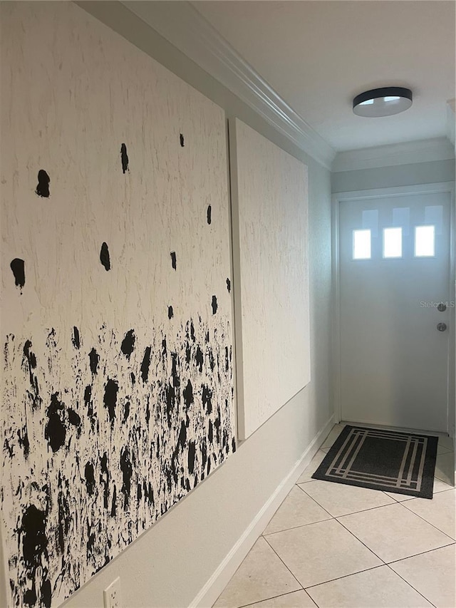 interior space featuring crown molding and light tile patterned flooring