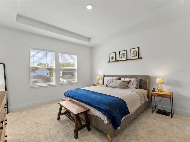 carpeted bedroom with a tray ceiling