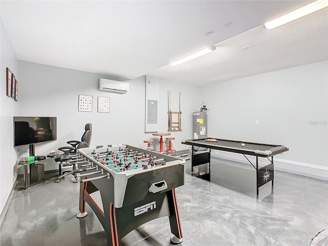 game room featuring electric panel, baseboards, electric water heater, an AC wall unit, and concrete floors