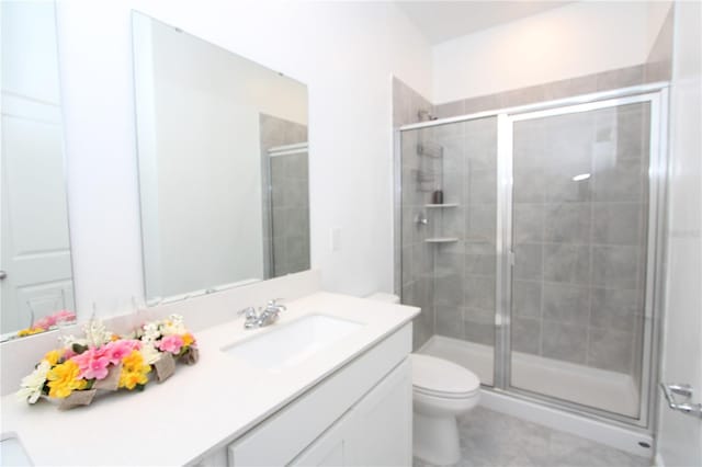 full bath with a shower stall, toilet, and vanity