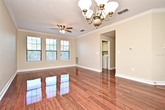 empty room with crown molding, ceiling fan with notable chandelier, hardwood / wood-style floors, a textured ceiling, and washer / dryer