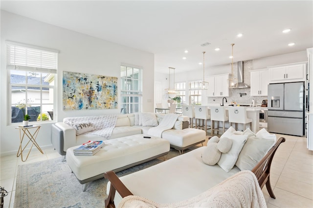 tiled living room with sink