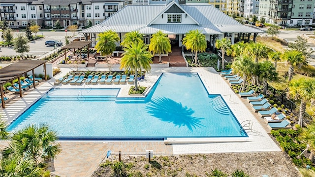 view of pool featuring a pergola and a patio