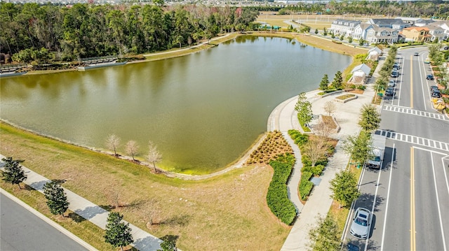 bird's eye view with a water view