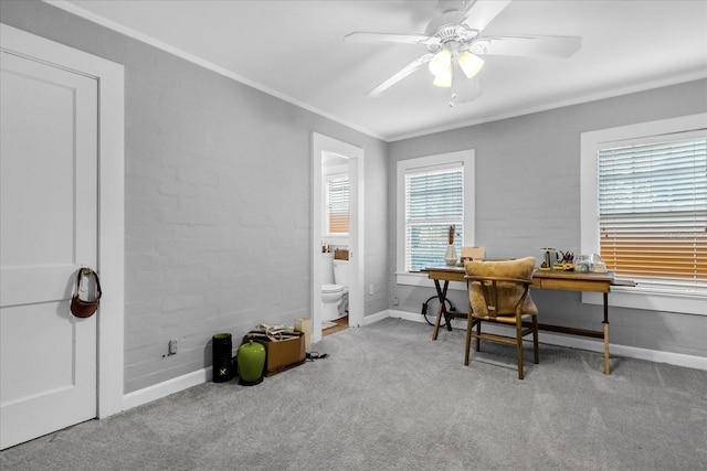 office featuring crown molding, carpet floors, and ceiling fan