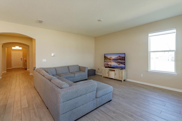 living room with light hardwood / wood-style flooring