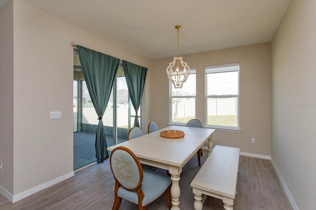 dining space with a wealth of natural light, a chandelier, and light wood-type flooring