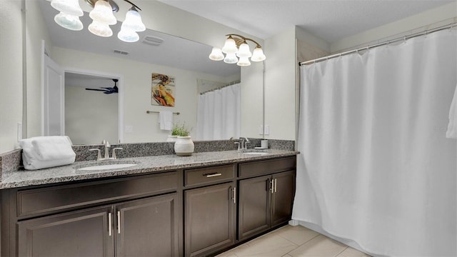 bathroom with vanity, tile patterned floors, and ceiling fan