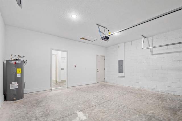 garage featuring a garage door opener, electric water heater, and electric panel