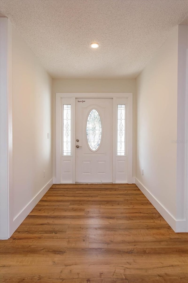 foyer featuring wood-type flooring and a textured ceiling