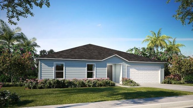 ranch-style home featuring a garage and a front lawn