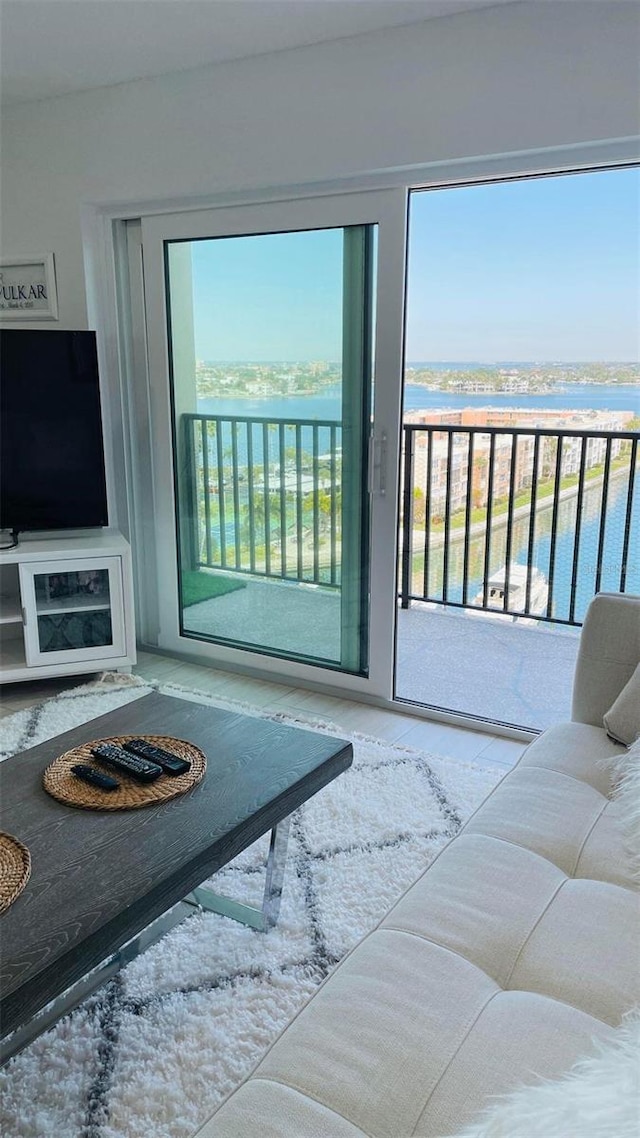 living room featuring a healthy amount of sunlight and a water view