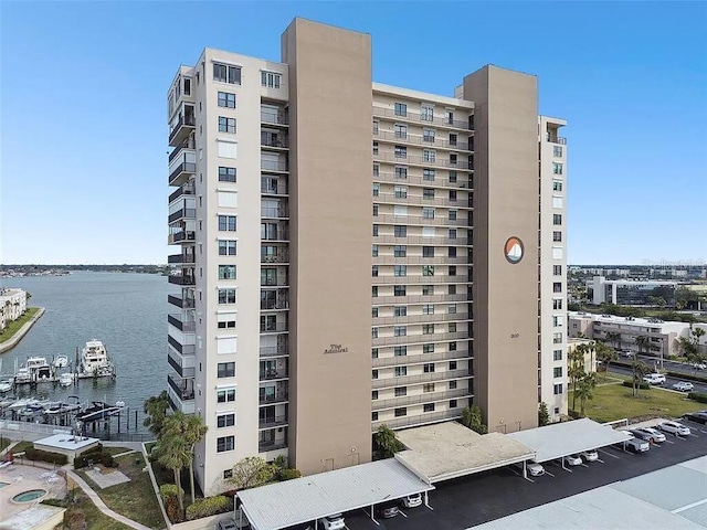 view of building exterior with a water view