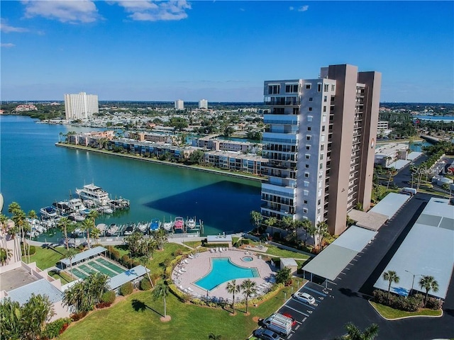 aerial view with a water view and a city view