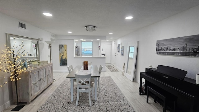 dining room featuring wood finish floors, recessed lighting, visible vents, and a textured ceiling