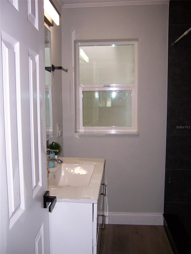 bathroom featuring vanity, a shower, and hardwood / wood-style floors