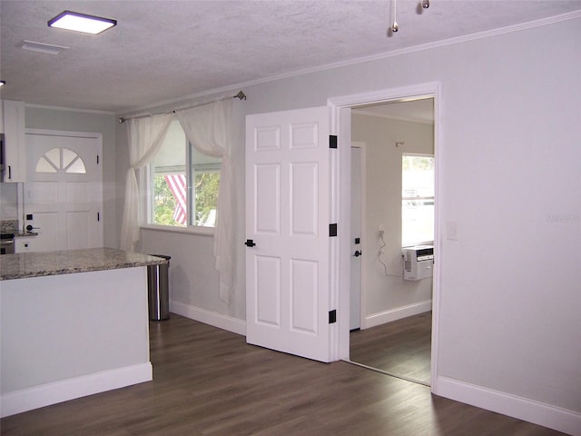 kitchen with crown molding, dark hardwood / wood-style floors, light stone countertops, and a textured ceiling