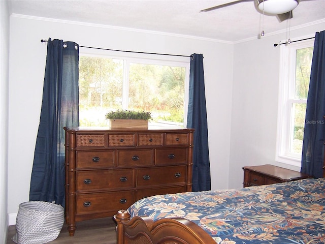 bedroom with multiple windows, crown molding, and wood-type flooring