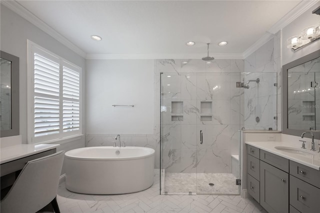 bathroom featuring vanity, ornamental molding, plus walk in shower, and tile walls