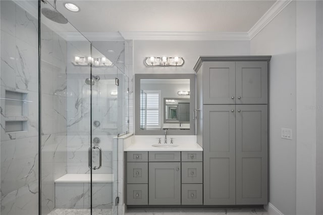 bathroom with a shower with door, crown molding, and vanity