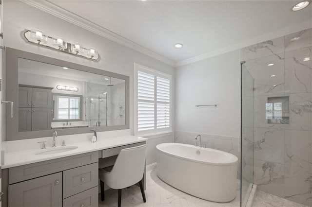 bathroom featuring vanity, ornamental molding, independent shower and bath, and tile walls