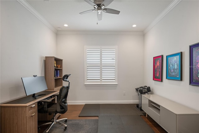 home office featuring crown molding, ceiling fan, and dark wood-type flooring