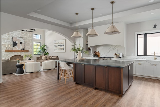 kitchen featuring tasteful backsplash, decorative light fixtures, a tray ceiling, dark hardwood / wood-style flooring, and white cabinets