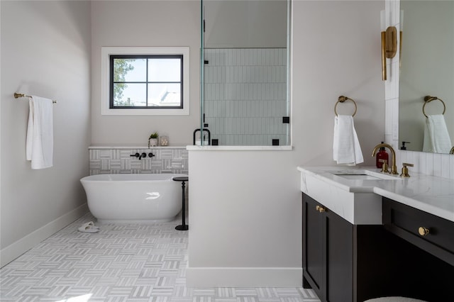 bathroom featuring vanity and plus walk in shower