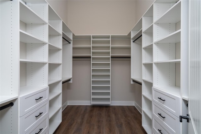 walk in closet with dark wood-type flooring