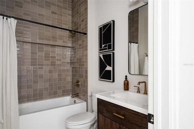 full bathroom featuring vanity, shower / bath combo, and toilet