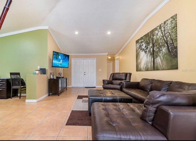 tiled living room with lofted ceiling and ornamental molding