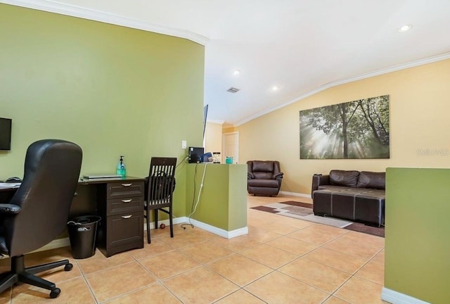 office space with light tile patterned flooring, ornamental molding, and vaulted ceiling