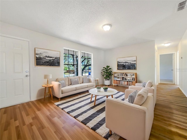 living room with a textured ceiling and light hardwood / wood-style flooring