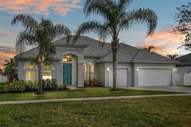 view of front facade with a garage and a lawn