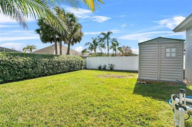 view of yard featuring a storage shed